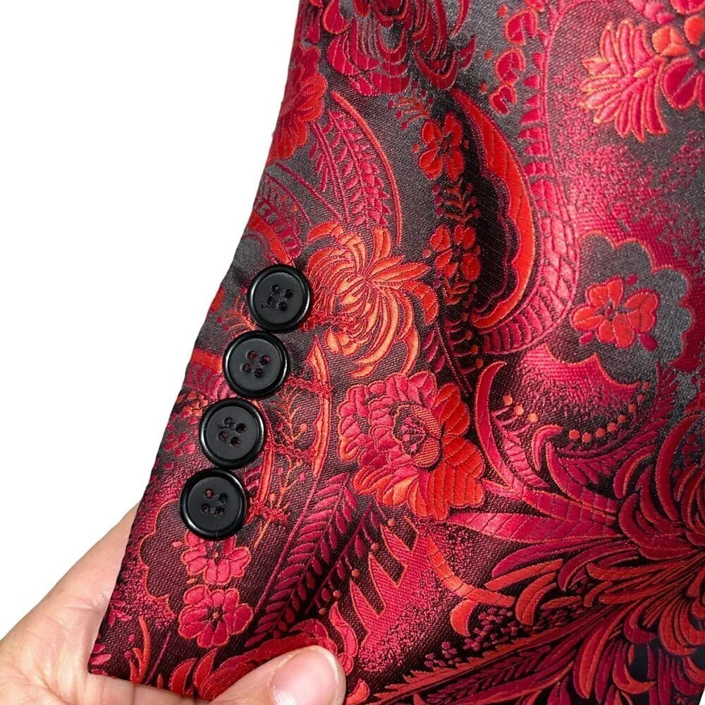 Leonardi Mens Jacket Size Large Red Floral Woven Two Button Pockets Party